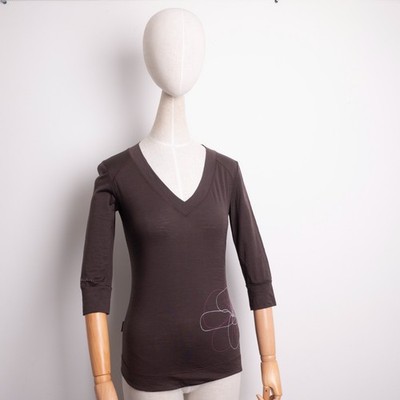 Icebreaker Superfine Ultralite Women's XS Merino Wool 3/4 Sleeve Top Brown V-Nec