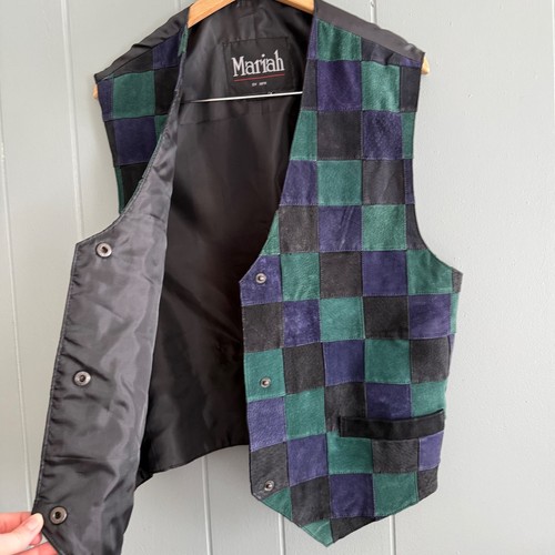 Gilet patchwork vintage en daim vert marine noir damier 1X Mariah par MPW - Photo 4/8