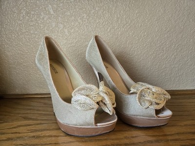 Menbur Platform Heel Peep Toe Champagne Bow Glitter Heels Size EU39 / 8-8.5US