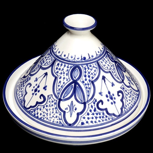 TAGINE Hand Painted Blue on White Tunisian Cooking Pot 48 Oz. 11" 2-4 Servings