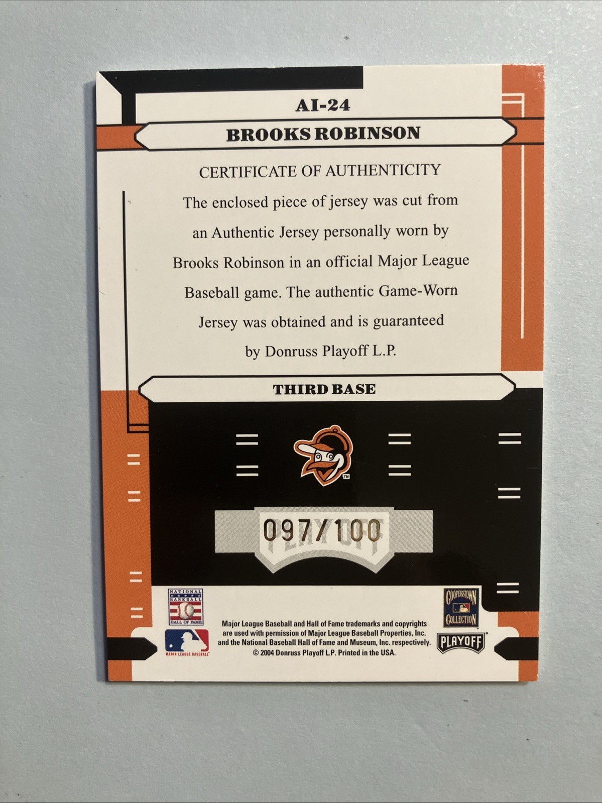 2004 ABSOLUTE MEMORABILIA BROOKS ROBINSON GAME USED/AUTO W/ HOF INSIGNIA #/100 view 6