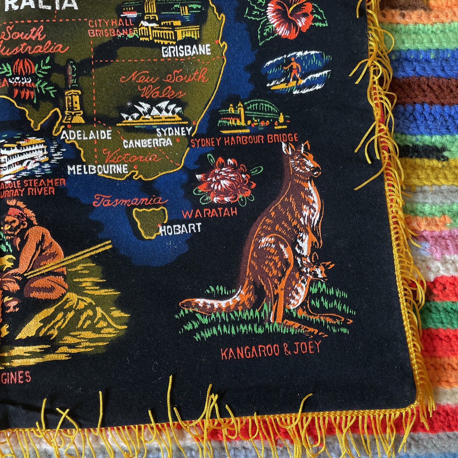 Vintage Australia Painted Black Velvet Souvenir Pillow Cover Case Japan