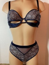  126 VICTORIA'S SECRET Rhinestone Crystal 1/4 Bra 36D M THONG Set Blue Silver
