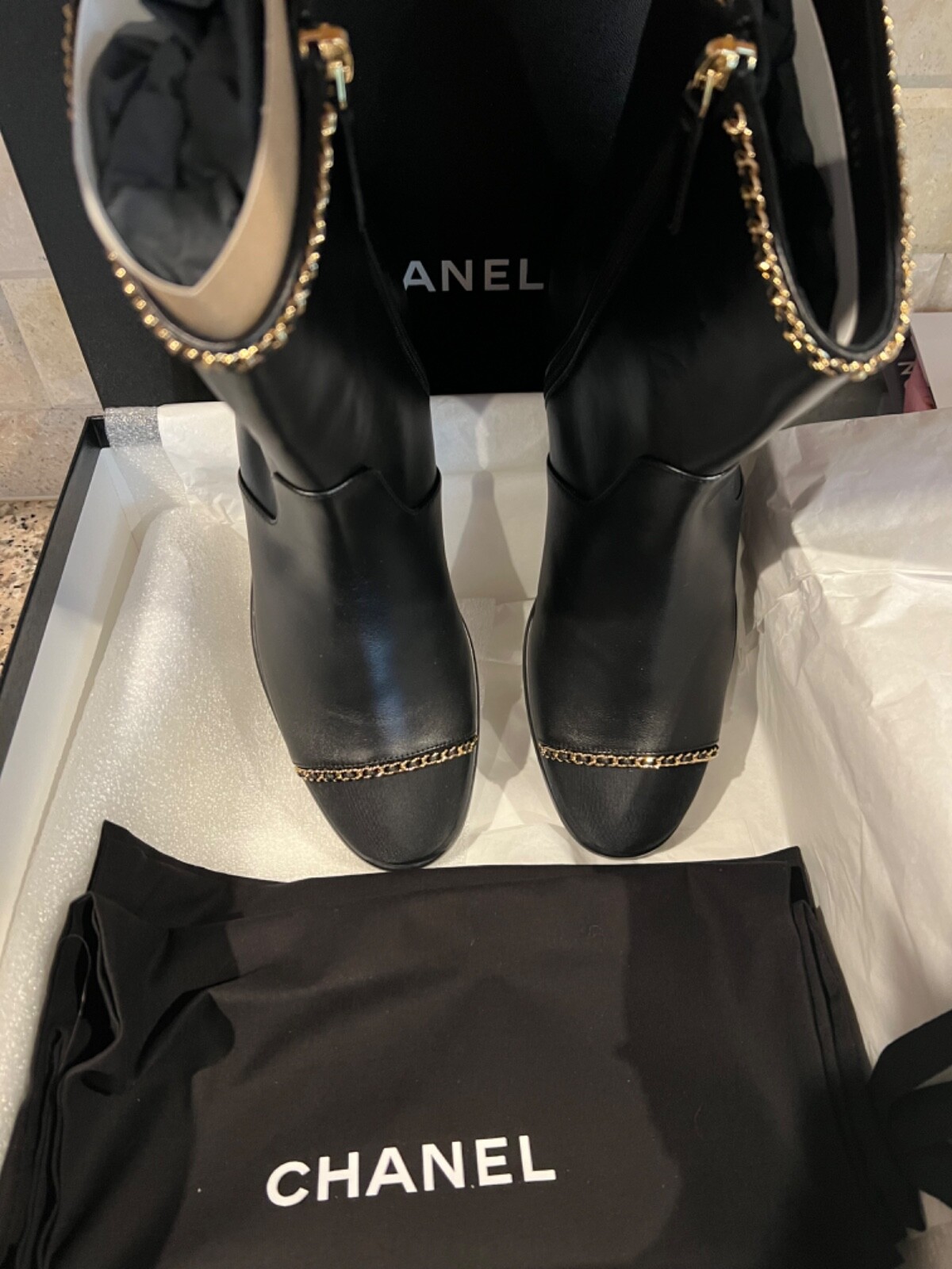CHANEL CLASSIC 21A NEW TAGS BLACK LAMBSKIN ANKLE BOOTS GOLD CC CHAIN FR38.5 image 6
