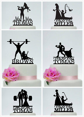 Personalised Fishing Wedding Cake Topper Mr /& Mrs Bride And Groom With Last Name