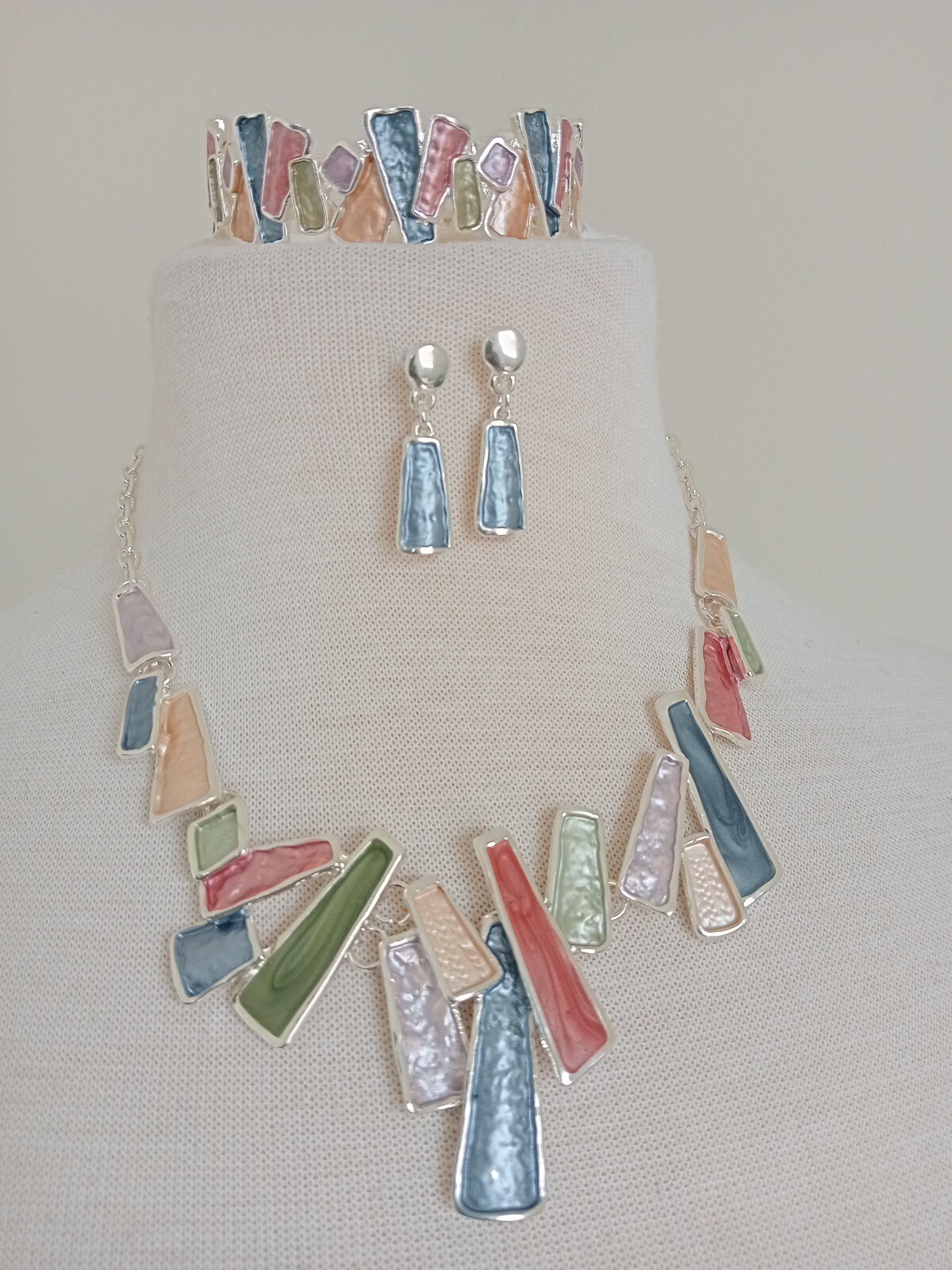 Mosaic Necklace Earring & Elasticated Bracelet Set Costume Jewellery Multicolour