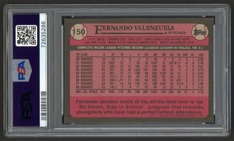 1989 TOPPS FERNANDO VALENZUELA #150 LOS ANGELES DODGERS HOF PSA 8 NEAR MINT-MINT - Image 2 of 3