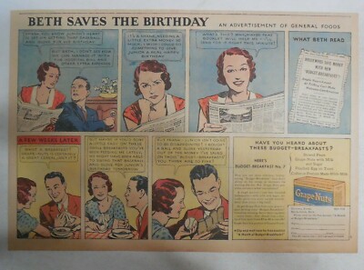 Post Grape Nuts Cereal Ad: Beth Saves The Birthday ! from 1930's 11 x 15 inches