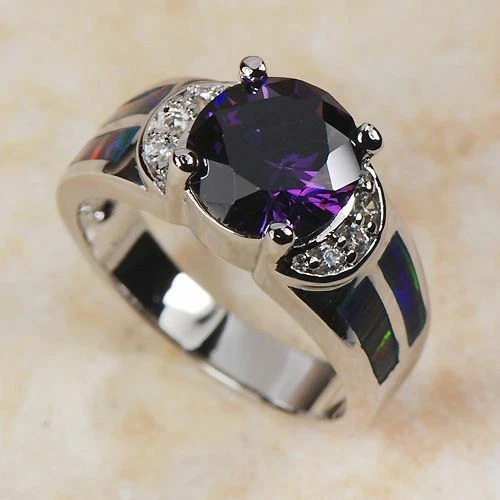 Bague en plaqué or blanc, Opale de Feu, Améthyste et Zircons - Photo 1/1