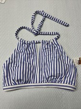 Size M 8-10 Time and Tru Blue White Stripes Keyhole Halter Bikini Top