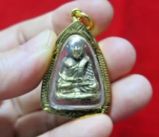 Vintage LP Ngern Pim Niyom Thai Amulet Phra Casting Statue BE.1972 Brass Gold