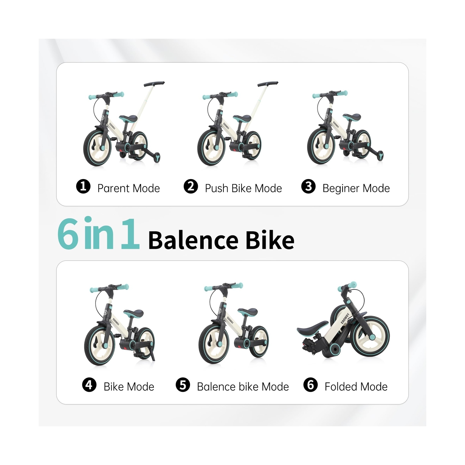 Balance Bike with Push Handle for Kids 1-3 Years, 6 in 1 Foldable Push Bike w...