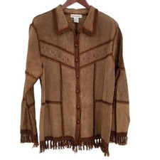 Vintage 90s Dressbarn Suede Leather Jacket Womens Sz Large Brown Crochet Fringe