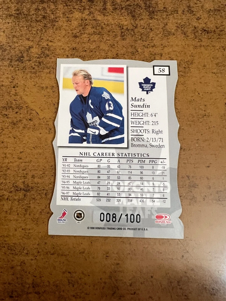1997-98 Donruss Elite Gold Die-Cut Status Mats Sundin #58 HOF #'d 008/100 SP - Image 2 of 2