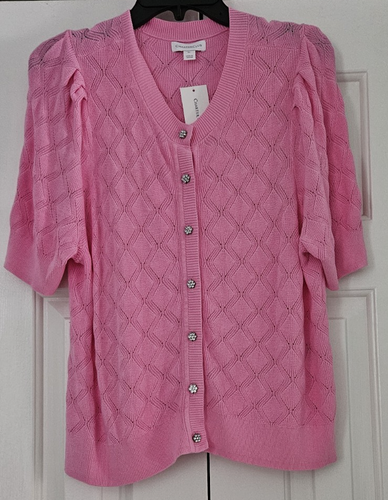 Charter Club Preppy Party Short Sleeve Cardigan Sweater rhinestone buttons XL - Picture 2 of 8