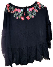 Embroidered Peasant Top Size Large Hippie Boho Artsy Black
