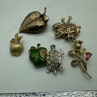 Vintage Goldtone Brooch/Pin From Avon Rose, Noah's Ark Turtle Apples More