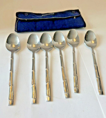 PRESENT Japan Stainless BORNES Line 6 Teaspoons Dotted Bamboo Handle 6.5''