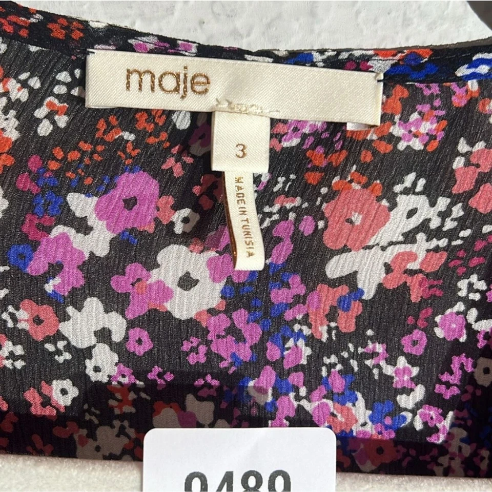 MAJE 100% Silk Lehane Pink Floral Sheer Long Sleeve  Blouse Top Size L (3) - Image 3 of 4