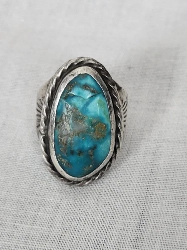Vintage Silver Turquoise Ring Cracked Stone Vintage Southwest Sz 7.5