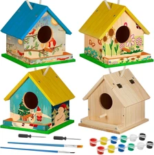 2 Sets Wooden DIY Birdhouse Kit Unfinished Bird Houses with Paints and Paintbrus