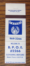 ELKS CLUB LODGE #2266 MATCHBOOK COVER: GLEN BURNIE, MARYLAND MATCHCOVER -M9