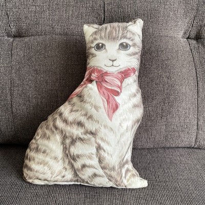 Vintage Handmade Stuffed Printed Sitting Cat Pillow Pink Bow Granny Decor 13''