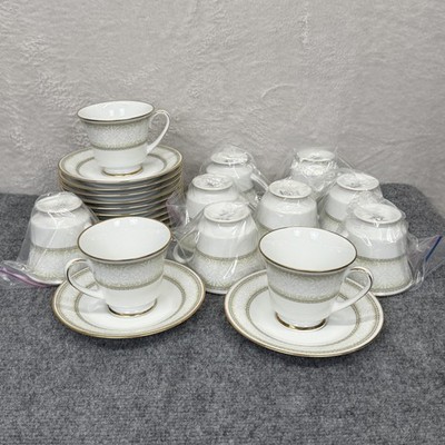 Vintage Noritake Eugenia 2160 Tea Cup Saucer Set 11 Cups 12 Saucers White Gold