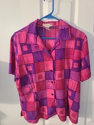 Vintage Notations Petite Geometric Print TOP Green Blue Retro Button Front PXL