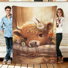 Highland Cow and Daisy Flannel Blanket Soft Cozy Throws Napping Travel Use
