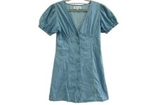 NEW RE Generation Celebrity Pink Chambray Mini Dress Puff Sleeve V Neck Sz M