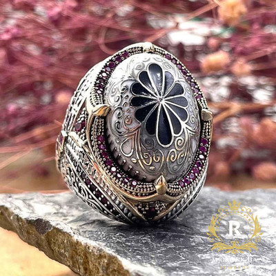 Seljuk Ottoman Turkish 925 Sterling Silver Mens Ring:Pink Zircon,White Inlaid