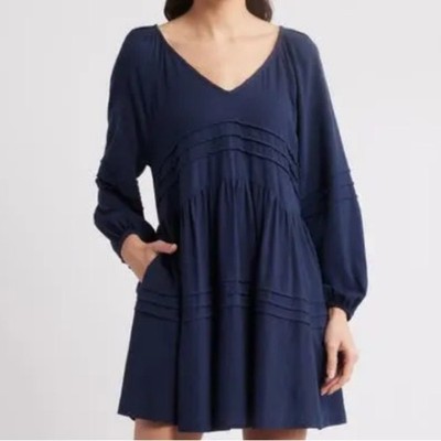 Treasure & Bond Pintuck Sleeve Dress Women's XL Navy Blue