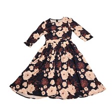 Floral Fit Flare Dress Womens Small (Estimated) 3/4 Sleeve Skater Midi Back Zip