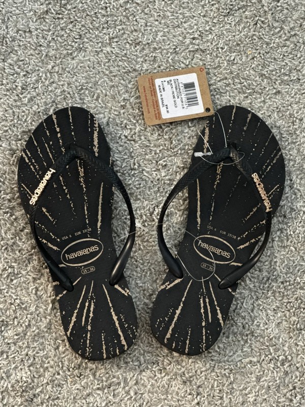 ✨Haviana’s Womens Black Rose Gold Metallic Sandals Flip Flops Sz 6 NWT✨