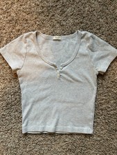 John Galt Grey White Henley Neck Short Sleeve T-Shirt Button Accent