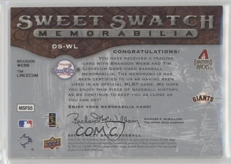2009 Sweet Spot Sweet Swatch Memorabilia Dual Brandon Webb Tim Lincecum #DS-WL - Image 2 of 2