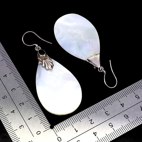 925 Sterling Silver Earrings Mother Of Pearl Handmade Natural Enamel Jewelry - Picture 3 of 14