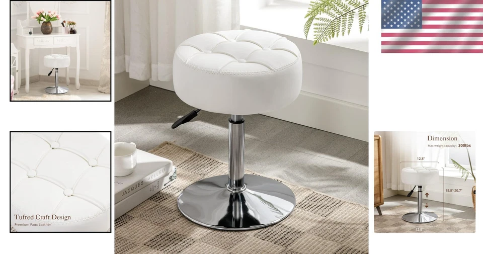 Chic White Vanity Stool - Height Adjustable 360° Swivel for Makeup Indulgence - Image 2 of 4