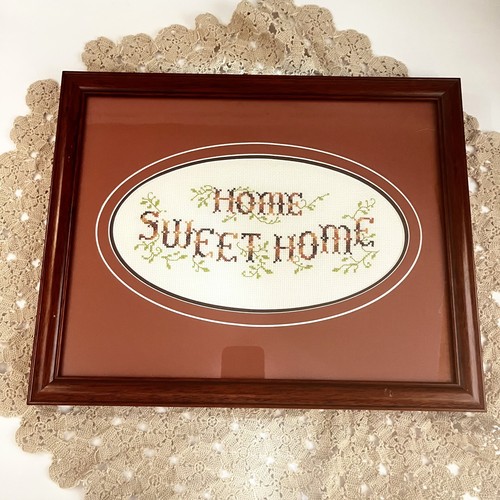 Vintage Cross Stitch Framed HOME SWEET HOME Country Cottage Farmhouse 12x15