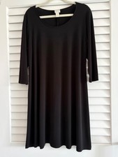CHICO's Black Dress 2(12) 3/4 Sleeve Knit Trapeze Round Neck Pullover EUC