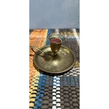 Vintage Brass Candlestick Holder with Handle Etched Floral Design Decor