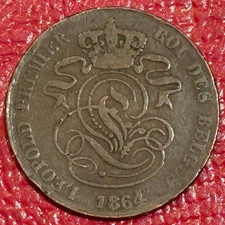 VINTAGE 1864 BELGIUM 2 CENTIMES COIN-DEC494