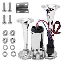 12V 130dB Dual Trumpet Air Horn Kit with Compressor - Loud Dual Electric Trai...