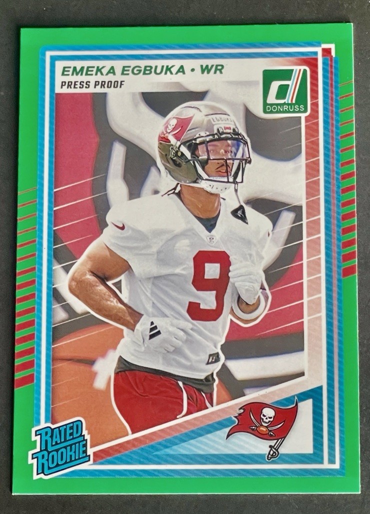 2025 Donruss Emeka Egbuka Rated Rookie Green Press Proof RC #375 Buccaneers