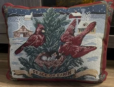 Red Cardinals Tapestry Christmas Pillow “Peace On Earth” Nests 12”x16”