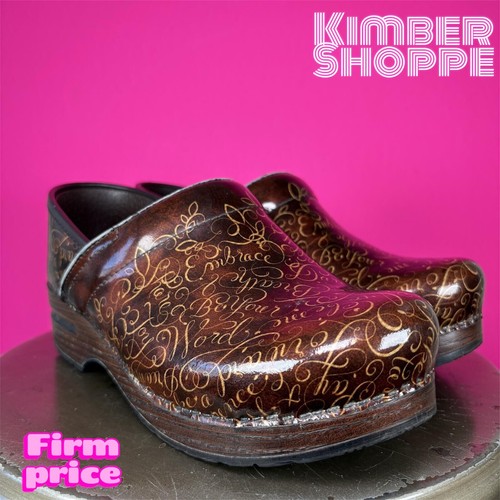 Dansko Inspirational Words Brown Patent Leather Gold Script Clog EU 38 US 7.5-8