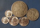 LOT 6 US SILVER COINS 1921 S MORGAN SILVER DOLLAR 1945 HALF $ 2 QUARTERS ETC
