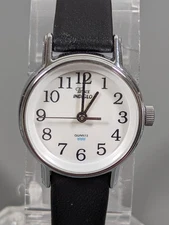 Womans Timex Indiglo White Dial Round Silver Tone Case Black Leather Band Watch