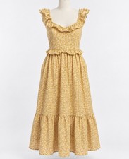 J.Crew Womens 16 Yellow Floral Midi Dress Ruffle Straps Pockets Side Zip EUC